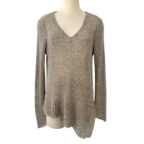 Eileen Fisher Linen Cotton Sheer Knit Sweater Pullover V-Neck Oatmeal Beige M - Picture 1 of 11